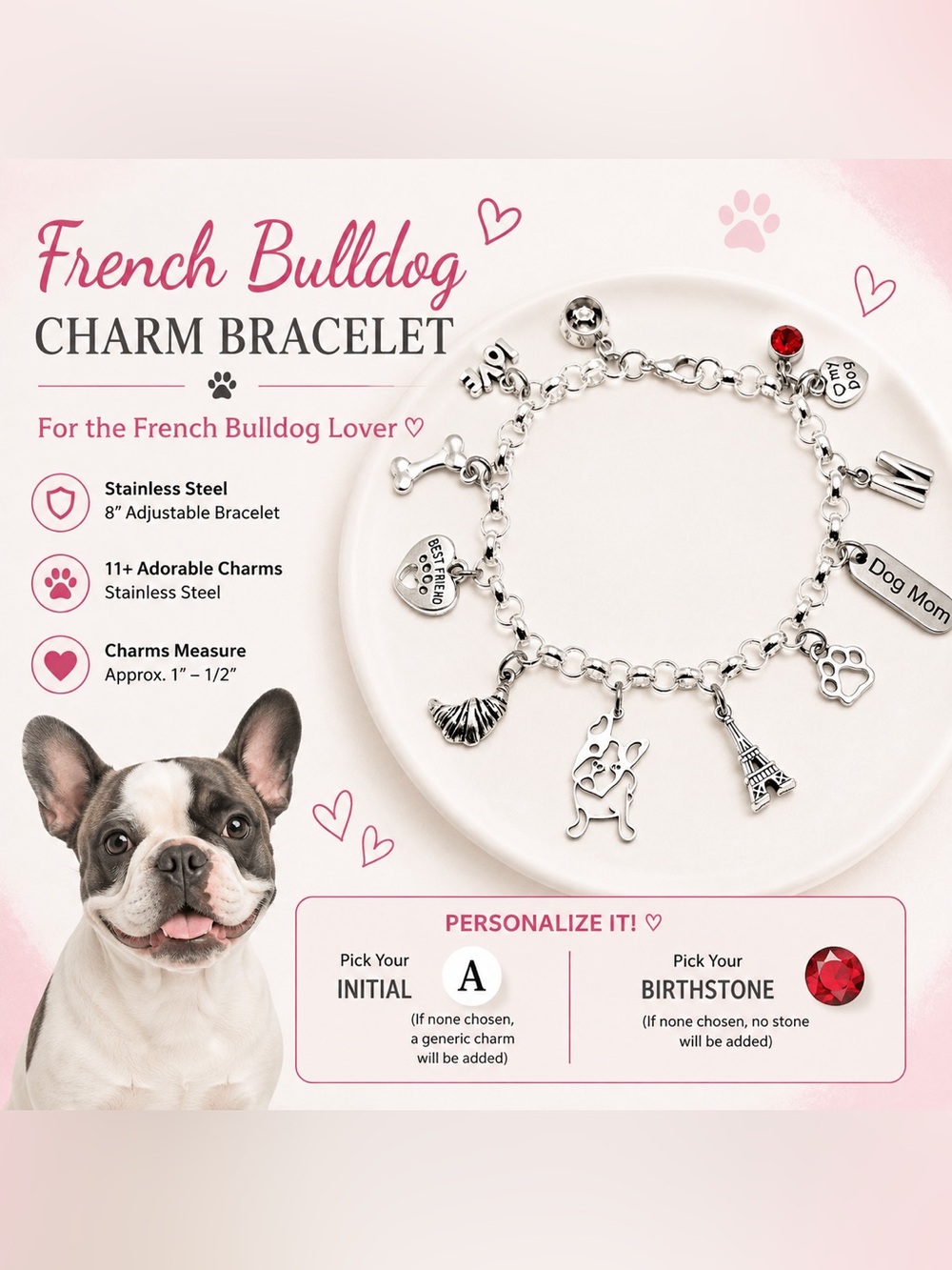 French Bulldog Charm Bracelet Frenchie Dog